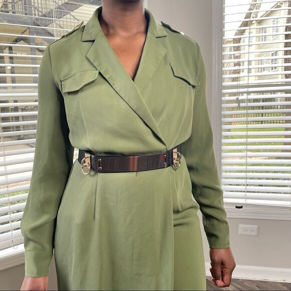 Calvin Klein CL Army Olive Green Wrap Dress with Gold epaulettes - Picture 5 of 16
